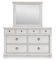 Rowlenstown California King Poster Bed, Dresser and Mirror in Antique White - PKG023878