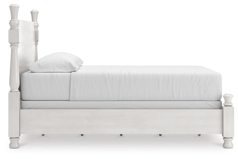 Rowlenstown California King Poster Bed, Dresser and Mirror in Antique White - PKG023878