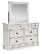 Rowlenstown California King Poster Bed, Dresser and Mirror in Antique White - PKG023878