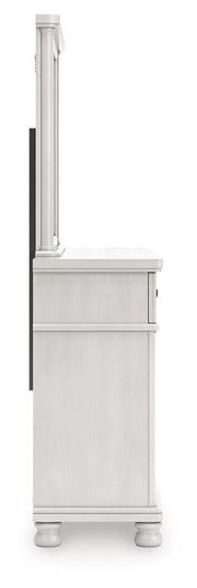 Rowlenstown California King Poster Bed, Dresser, Mirror and Nightstand in Antique White - PKG023879