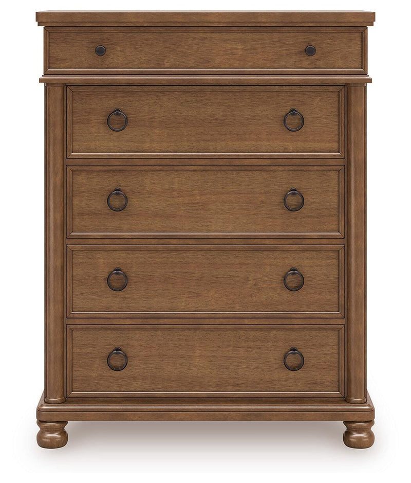 Rowlenstown California King Poster Bed with Dresser and Chest in Brown - PKG023764