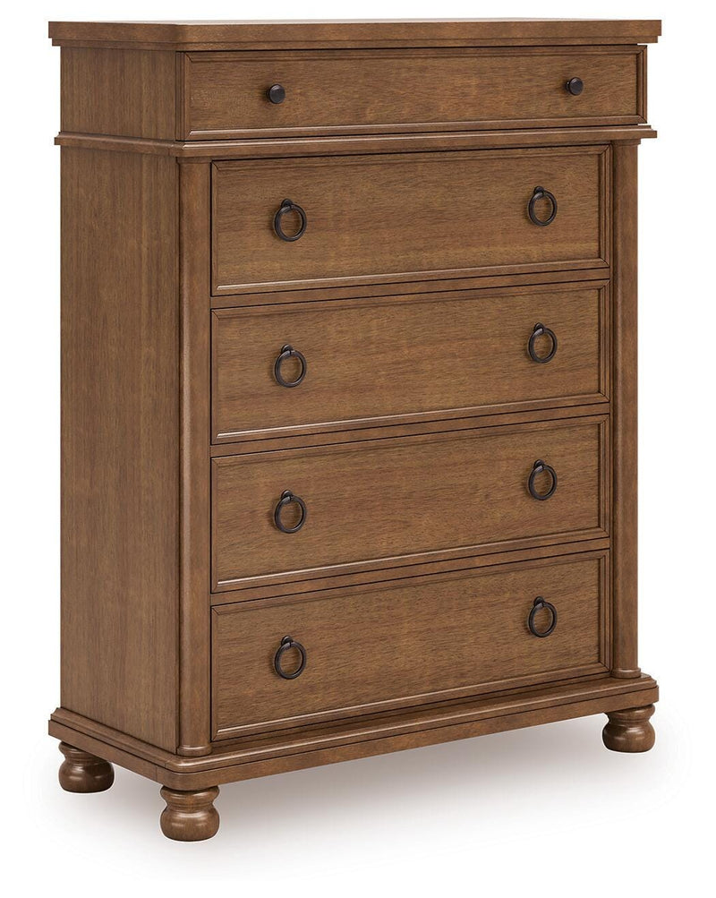 Rowlenstown California King Poster Bed with Dresser and Chest in Brown - PKG023764