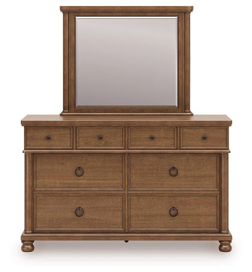 Rowlenstown California King Poster Bed with Mirrored Dresser and Nightstand in Brown - PKG023767