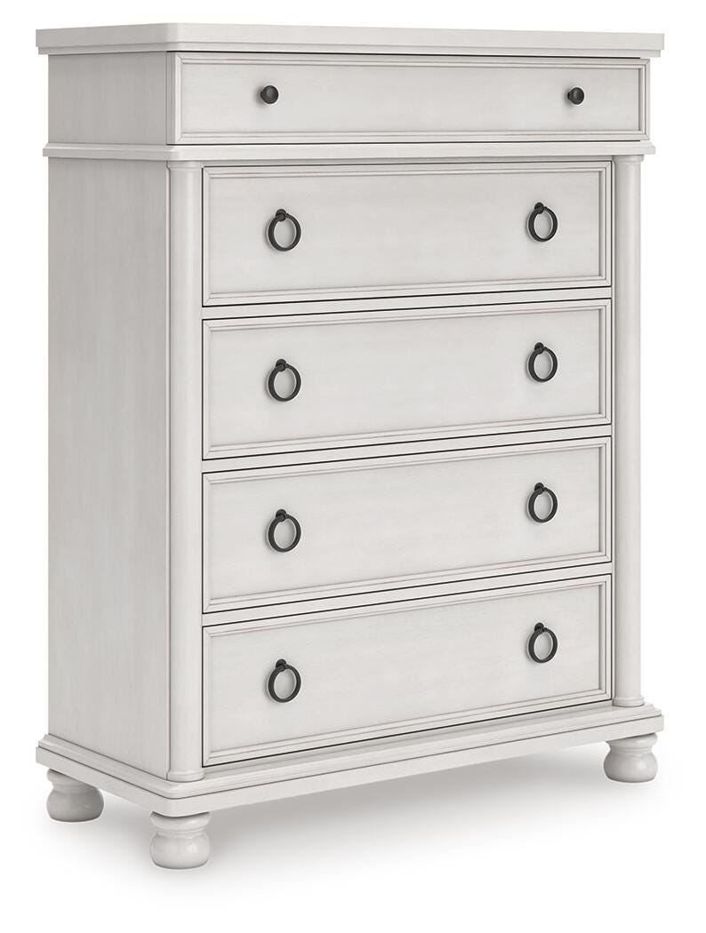 Rowlenstown King Poster Bed, Dresser and Chest in Antique White - PKG023876