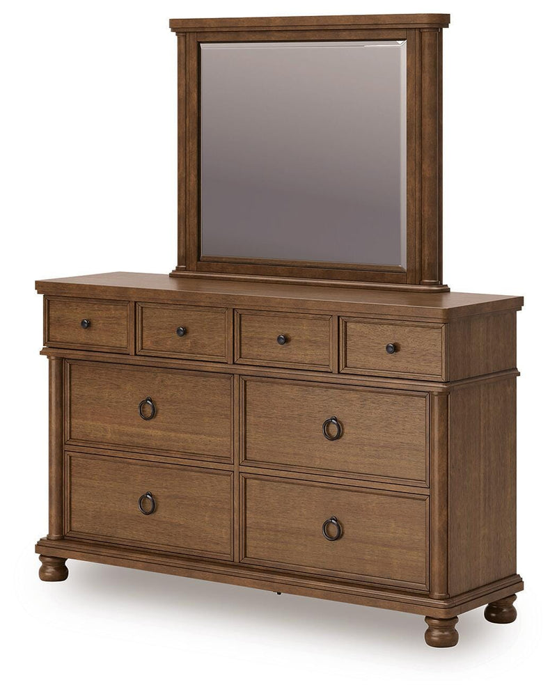 Rowlenstown King Poster Bed with Mirrored Dresser and Nightstand in Brown - PKG023762