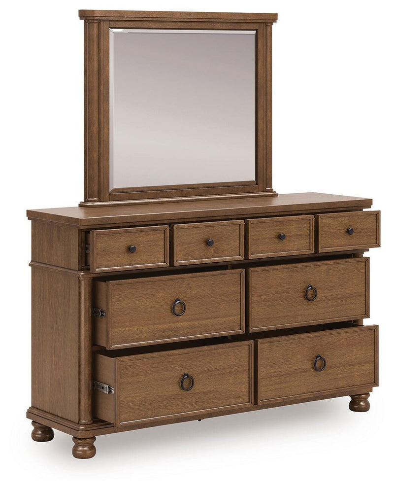 Rowlenstown King Poster Bed with Mirrored Dresser in Brown - PKG023761