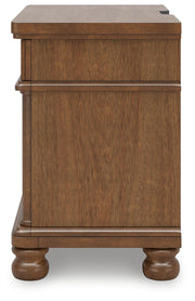 Rowlenstown Queen Poster Bed with Mirrored Dresser and Nightstand in Brown - PKG023757