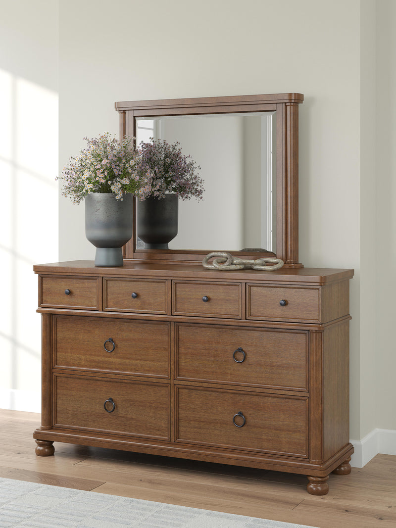 Rowlenstown Queen Poster Bed with Mirrored Dresser and Nightstand in Brown - PKG023757