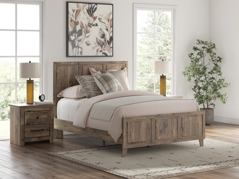 Rusticott Queen Panel Bed with Mirrored Dresser and Nightstand in Brown - PKG023692