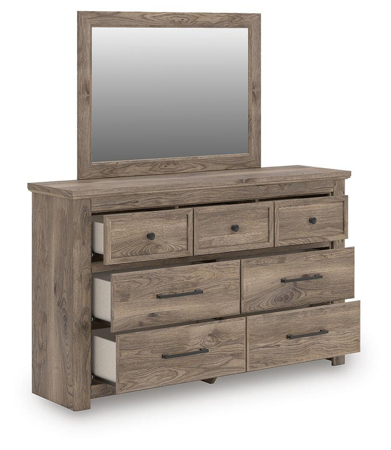 Rusticott Queen Panel Bed with Mirrored Dresser and Nightstand in Brown - PKG023692