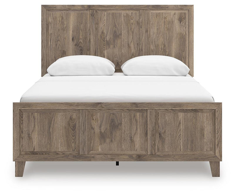 Rusticott Queen Panel Bed with Mirrored Dresser and Nightstand in Brown - PKG023692