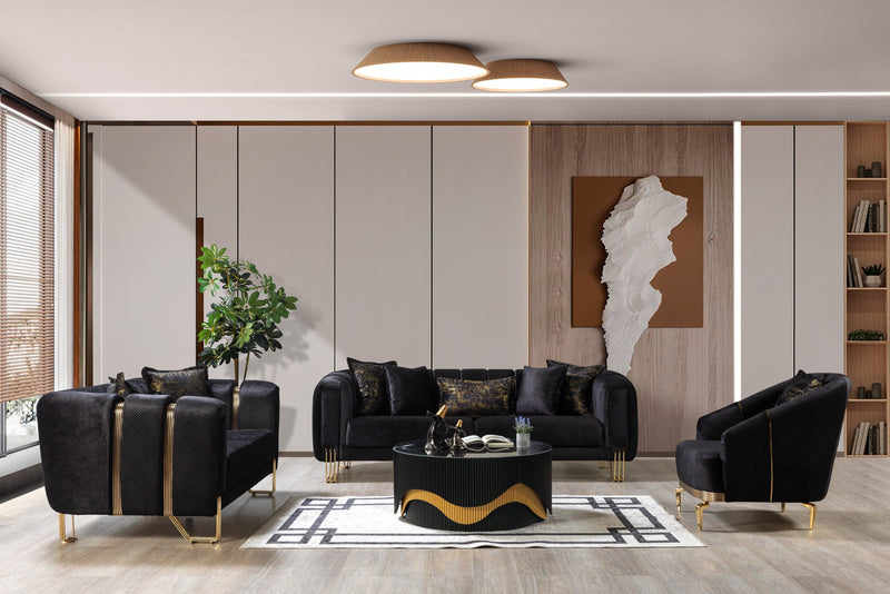 Santana Black Velvet Sofa & Loveseat & Accent Chair (2)