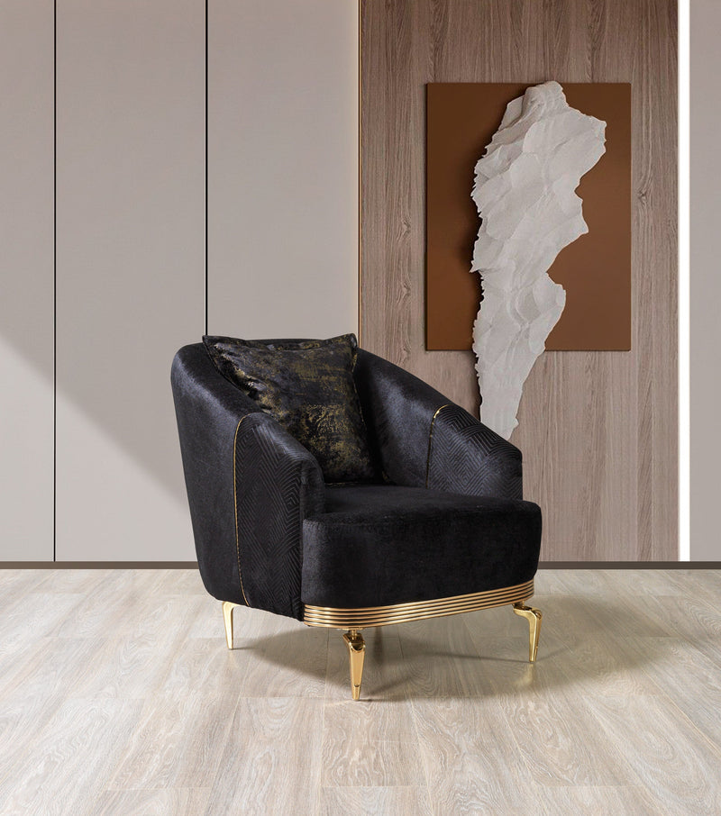 Santana Black Velvet Sofa & Loveseat & Accent Chair (2)