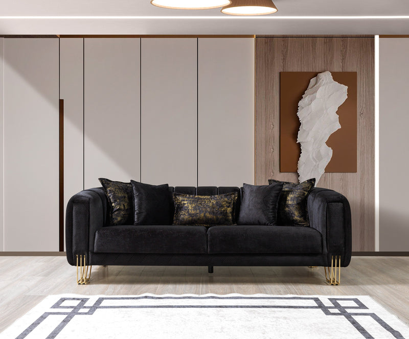 Santana Black Velvet Sofa & Loveseat & Accent Chair (2)