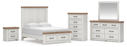 Savonport Full Panel Storage Bed, Dresser, Mirror, Chest and Nightstand in White/Brown - PKG025577