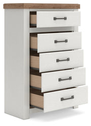Savonport Full Panel Storage Bed, Dresser, Mirror, Chest and Nightstand in White/Brown - PKG025577