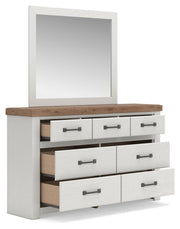 Savonport King Panel Bed. Dresser, Mirror and Nightstand in White/Brown - PKG025304