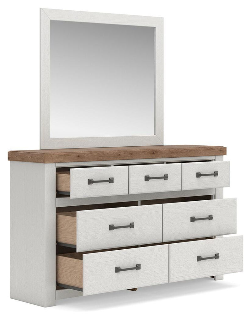 Savonport King Panel Bed. Dresser, Mirror and Nightstand in White/Brown - PKG025304