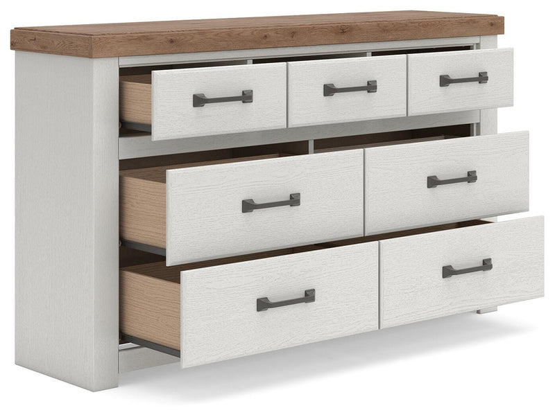 Savonport King Panel Bed with Storage, Dresser and Chest in White/Brown - PKG025403