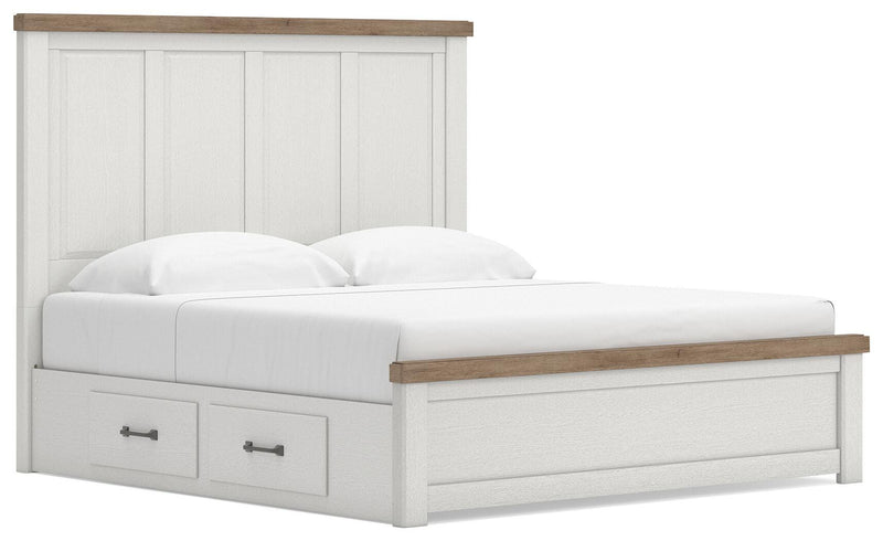 Savonport King Panel Bed with Storage, Dresser, Mirror and Chest in White/Brown - PKG025406
