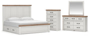 Savonport King Panel Bed with Storage, Dresser, Mirror and Chest in White/Brown - PKG025520