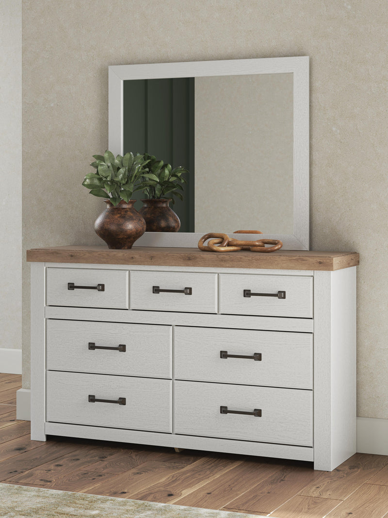 Savonport King Panel Bed with Storage, Dresser, Mirror, Chest and Nightstand in White/Brown - PKG025407