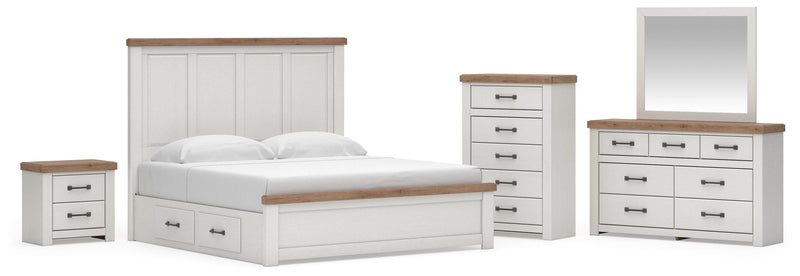 Savonport King Panel Bed with Storage, Dresser, Mirror, Chest and Nightstand in White/Brown - PKG025521