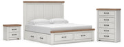 Savonport King Panel Storage Bed, Chest and Nightstand in White/Brown - PKG025311