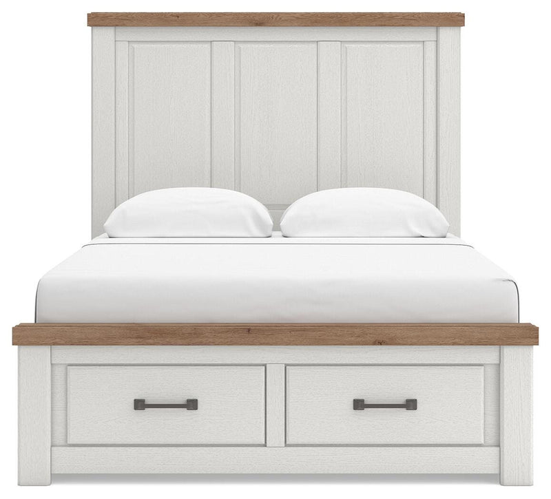 Savonport King Panel Storage Bed, Dresser and Mirror in White/Brown - PKG025532
