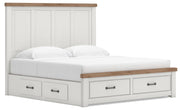 Savonport King Panel Storage Bed, Dresser and Nightstand in White/Brown - PKG025539