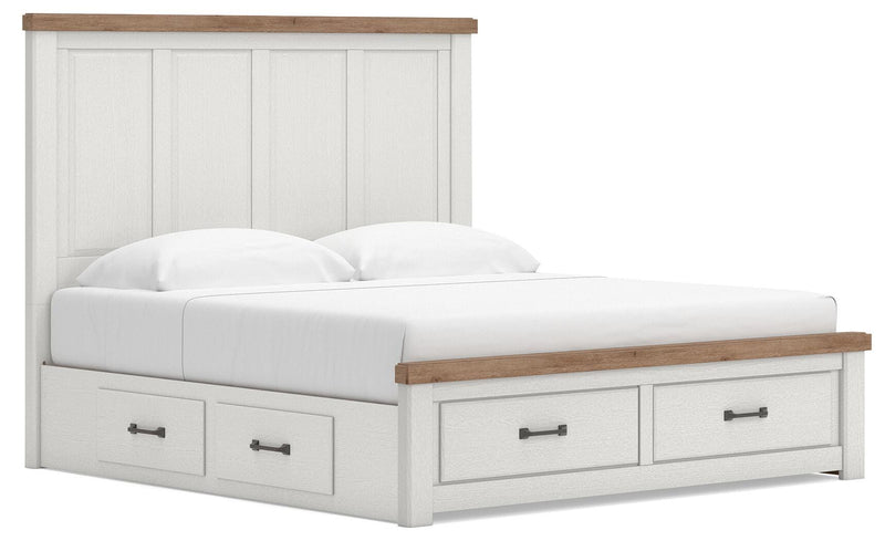 Savonport King Panel Storage Bed, Dresser and Nightstand in White/Brown - PKG025539