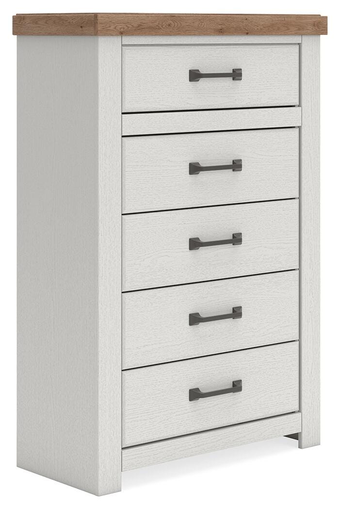 Savonport King Panel Storage Bed, Dresser, Mirror and Chest in White/Brown - PKG025313