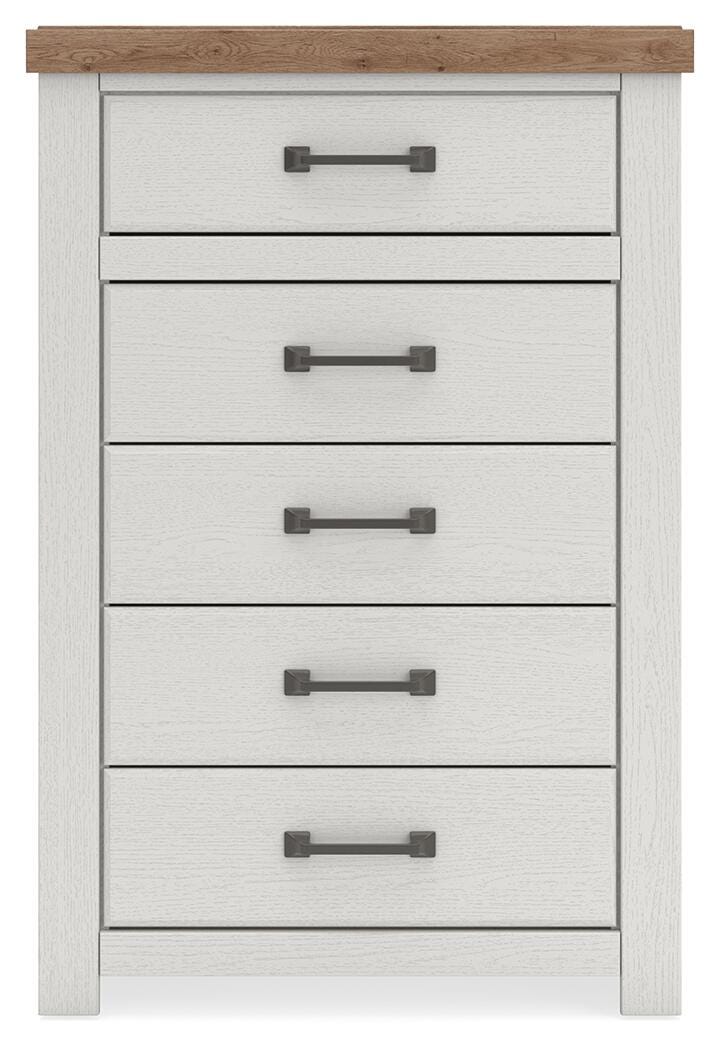 Savonport King Panel Storage Bed, Dresser, Mirror and Chest in White/Brown - PKG025313