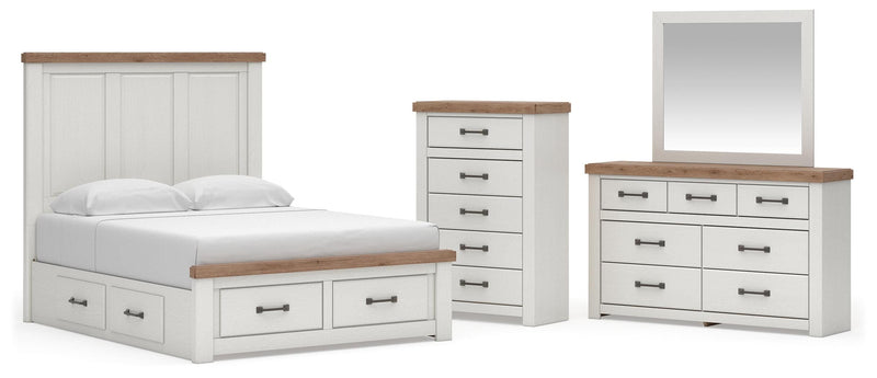 Savonport King Panel Storage Bed, Dresser, Mirror and Chest in White/Brown - PKG025536