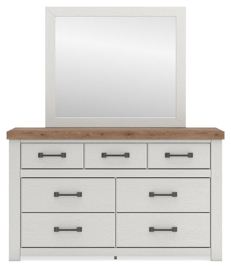 Savonport King Panel Storage Bed. Dresser, Mirror and Nightstand in White/Brown - PKG025312