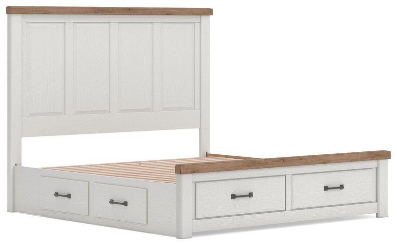 Savonport King Panel Storage Bed. Dresser, Mirror and Nightstand in White/Brown - PKG025312