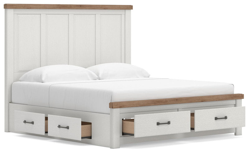 Savonport King Panel Storage Bed. Dresser, Mirror and Nightstand in White/Brown - PKG025312