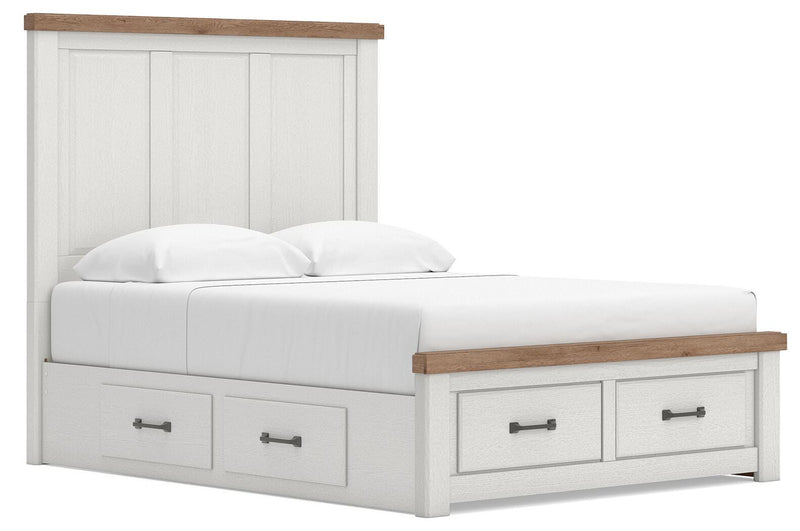 Savonport King Panel Storage Bed. Dresser, Mirror and Nightstand in White/Brown - PKG025535