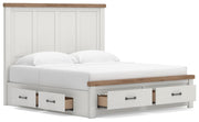 Savonport King Panel Storage Bed, Dresser, Mirror, Chest and Nightstand in White/Brown - PKG025314