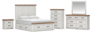 Savonport King Panel Storage Bed, Dresser, Mirror, Chest and Nightstand in White/Brown - PKG025537