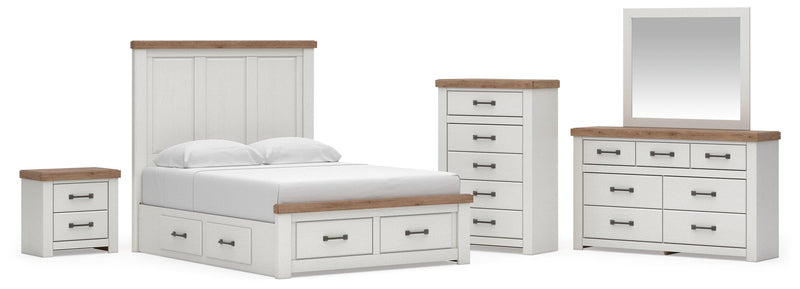 Savonport King Panel Storage Bed, Dresser, Mirror, Chest and Nightstand in White/Brown - PKG025537