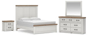Savonport Queen Panel Bed. Dresser, Mirror and Nightstand in White/Brown - PKG025559