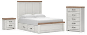 Savonport Queen Panel Bed with Storage, Chest and Nightstand in White/Brown - PKG025396