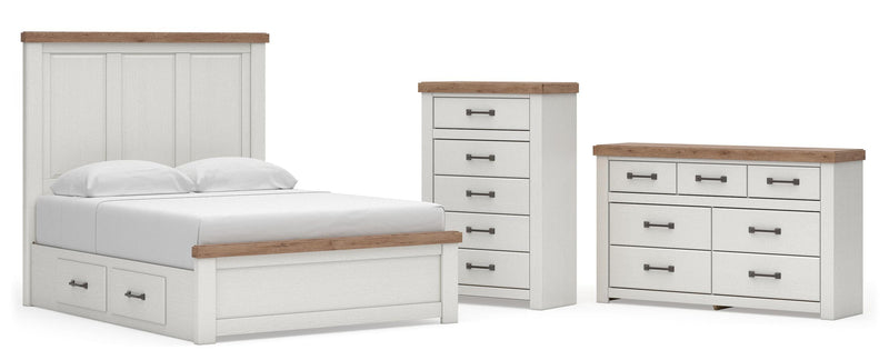 Savonport Queen Panel Bed with Storage, Dresser and Chest in White/Brown - PKG025395
