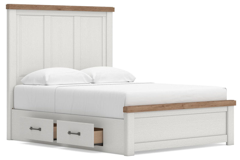 Savonport Queen Panel Bed with Storage, Dresser and Mirror in White/Brown - PKG025324