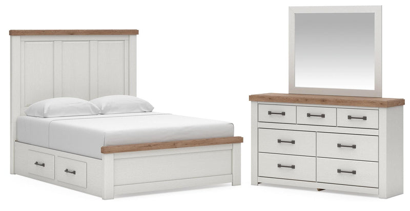 Savonport Queen Panel Bed with Storage, Dresser and Mirror in White/Brown - PKG025508