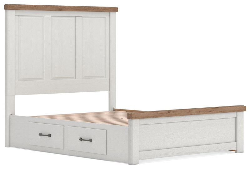 Savonport Queen Panel Bed with Storage, Dresser and Mirror in White/Brown - PKG025508