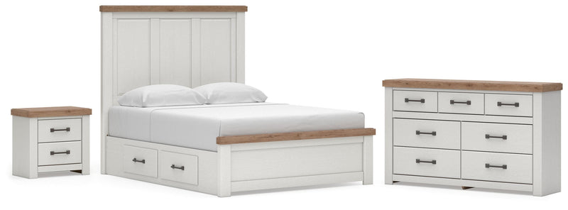 Savonport Queen Panel Bed with Storage, Dresser and Nightstand in White/Brown - PKG025401