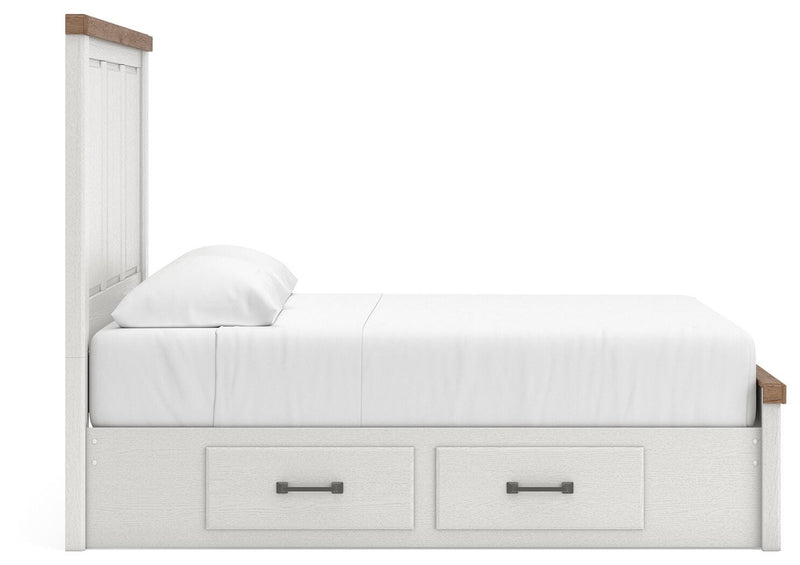 Savonport Queen Panel Bed with Storage, Dresser and Nightstand in White/Brown - PKG025401