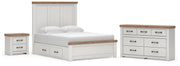 Savonport Queen Panel Bed with Storage, Dresser and Nightstand in White/Brown - PKG025515